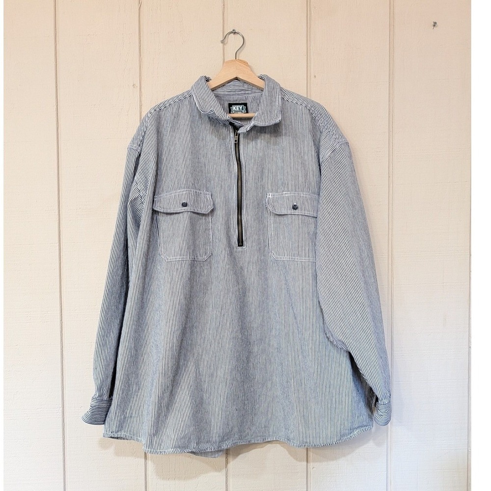 Key‎ Hickory Stripe Work Shirt Mens Blue White Quarter Zip Pullover Mens 4X